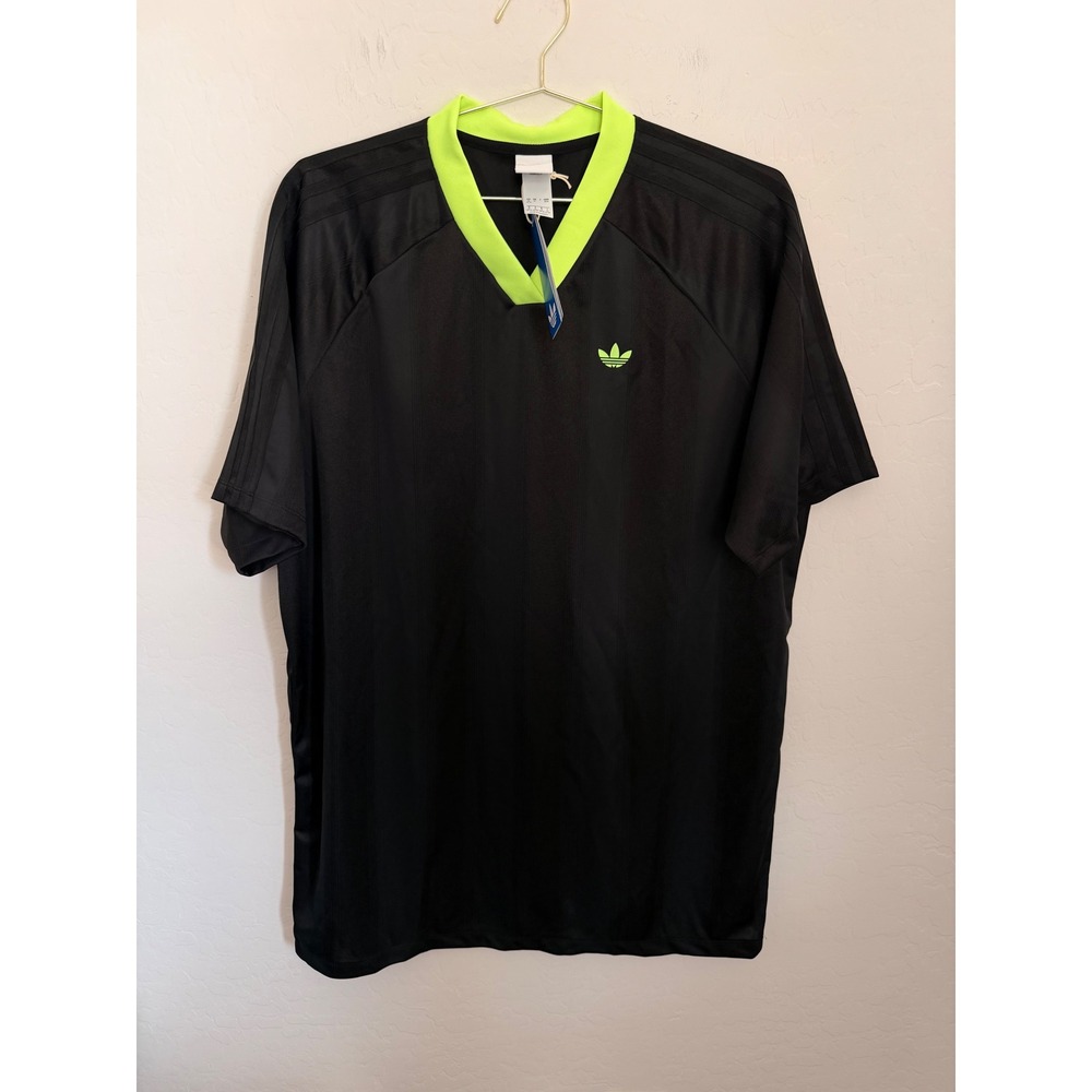 Adidas Originals Womens Black Neon Yellow V-Neck Jersey Stripe Top Size M NWT